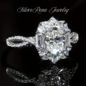 S925 Synthetic Large 5A Cubic ZirconiaHalo Engagement Ring with Fine CZ Decorated, Vintage Design Twisted Shank Ring, Elegant Fashion Jewelry Accessories Gift for Women