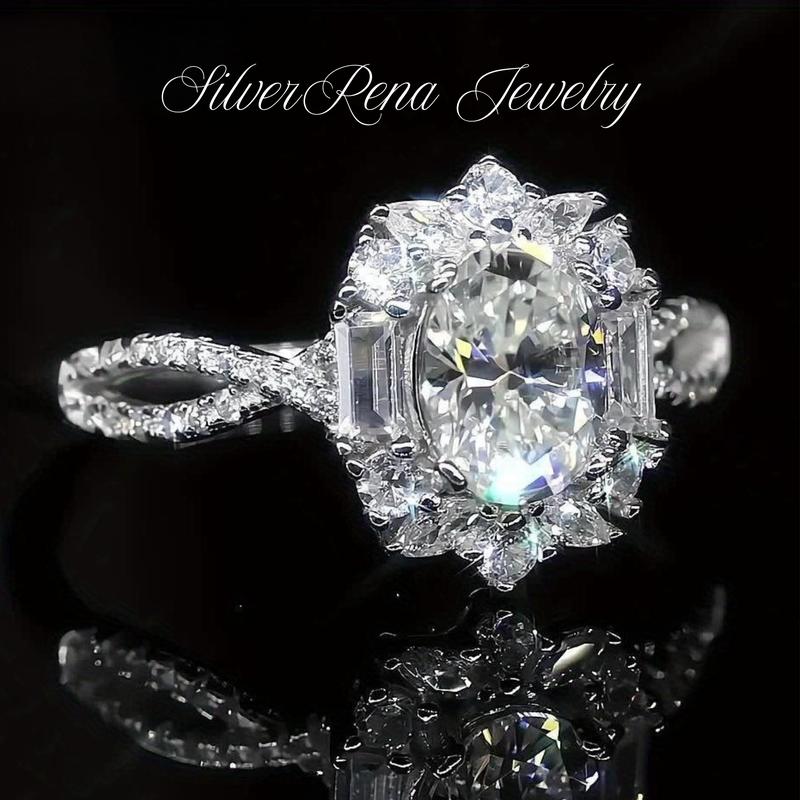 S925 Synthetic Large 5A Cubic ZirconiaHalo Engagement Ring with Fine CZ Decorated, Vintage Design Twisted Shank Ring, Elegant Fashion Jewelry Accessories Gift for Women