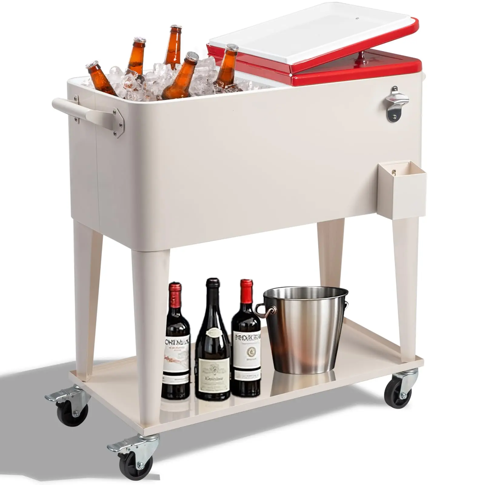 80 Quart Rolling Drink Cooler Ice Bin Chest on Wheels, Portable Patio Party Bar Cart with Shelf and Bottle Opener qt outdoor freezer
