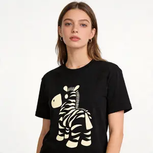 Zebra Print Women's T-Shirt Casual Black Short Sleeve Tee Loose Fit Summer Top