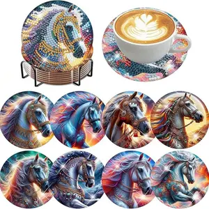 8 pieces/set animal horse pattern diamond painted coaster set Sparkling rhinestone heat-resistant beverage mat with holder DIY coaster beginner, diamond set craft supplies, artificial diamond art craft supplies gift