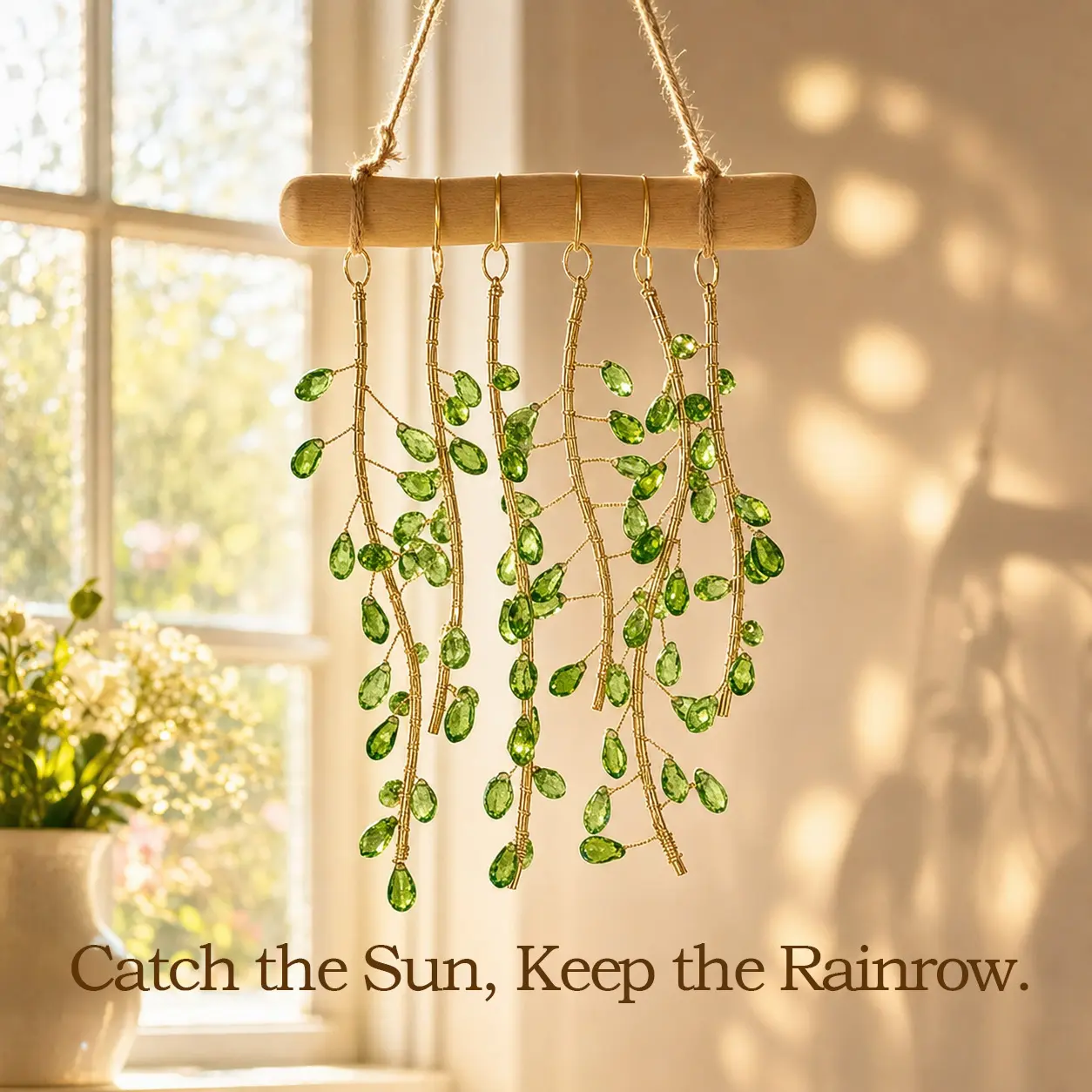 Handmade Green Crystal Wooden Suncatcher - Rustic Hanging Decor with Crystal Glass Beads, Real Wood, Faux Ivy, Window Rainbow Light Catcher, Garden Ornaments, Garden Statues & Sculptures, Home Accessory, Thoughtful Gift Idea