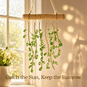 Handmade Green Crystal Wooden Suncatcher - Rustic Hanging Decoration with Crystal Glass Beads & Real Wood, Window Rainbow Light Catcher, Faux Ivy Wall Art, Home & Garden Accessory, Thoughtful Gift Idea