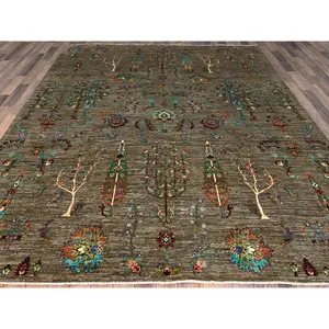 Greige Gray, Vegetable Dyes, Velvet Wool, Densely Woven Afghan Sultani Cypress Tree Design, Hand Knotted, Oriental Rug (8'x9'8")