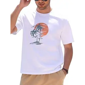 ODIZLI Men's Summer Tropical Palm Tree Print Crew Neck T-Shirt - Short Sleeve Casual Beach Tee