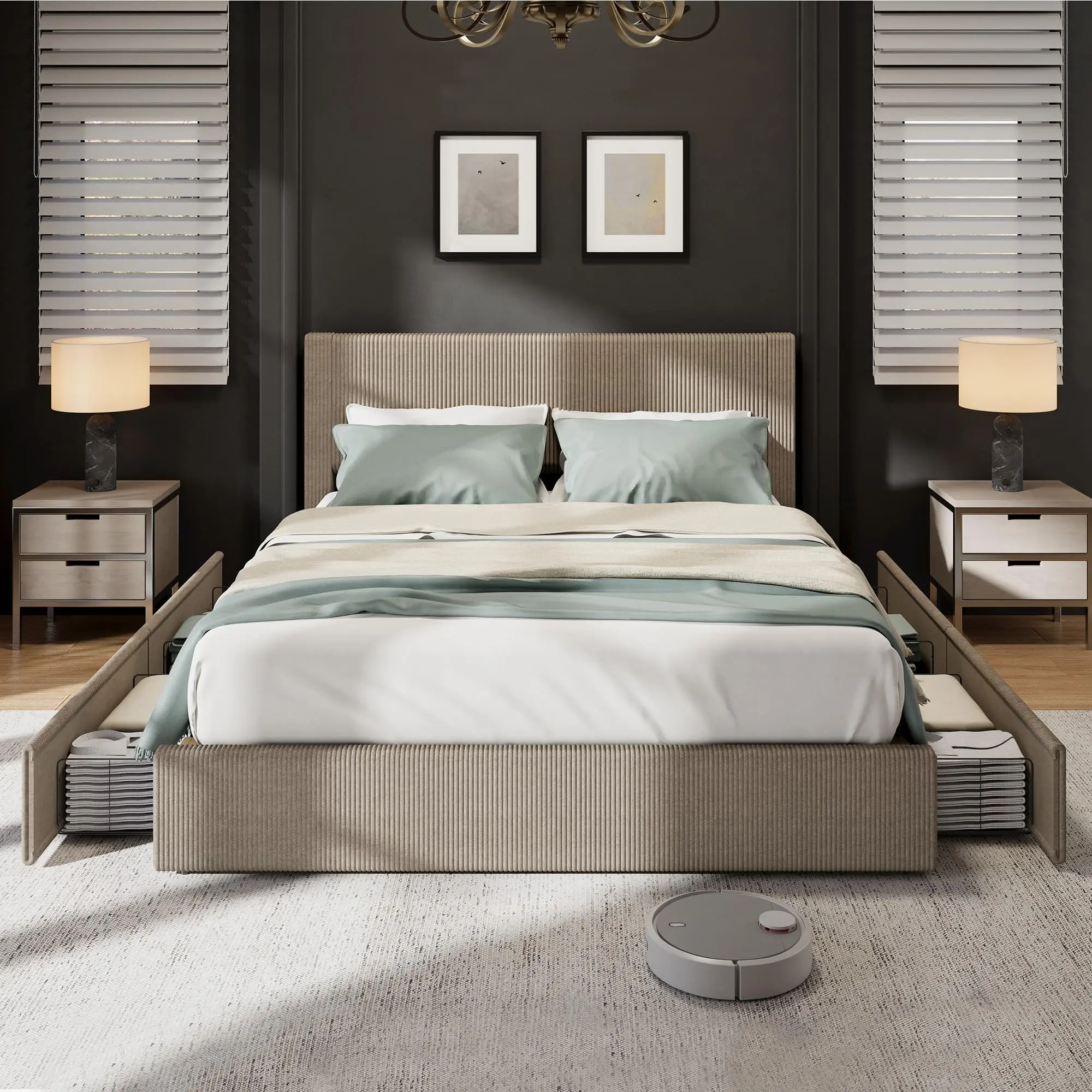 Queen Size Platform Bed with 4 Storage Drawers, Upholstered Corduroy Channel Tufted Headboard Bed Frame with Strong Wooden Slat Support, Brown