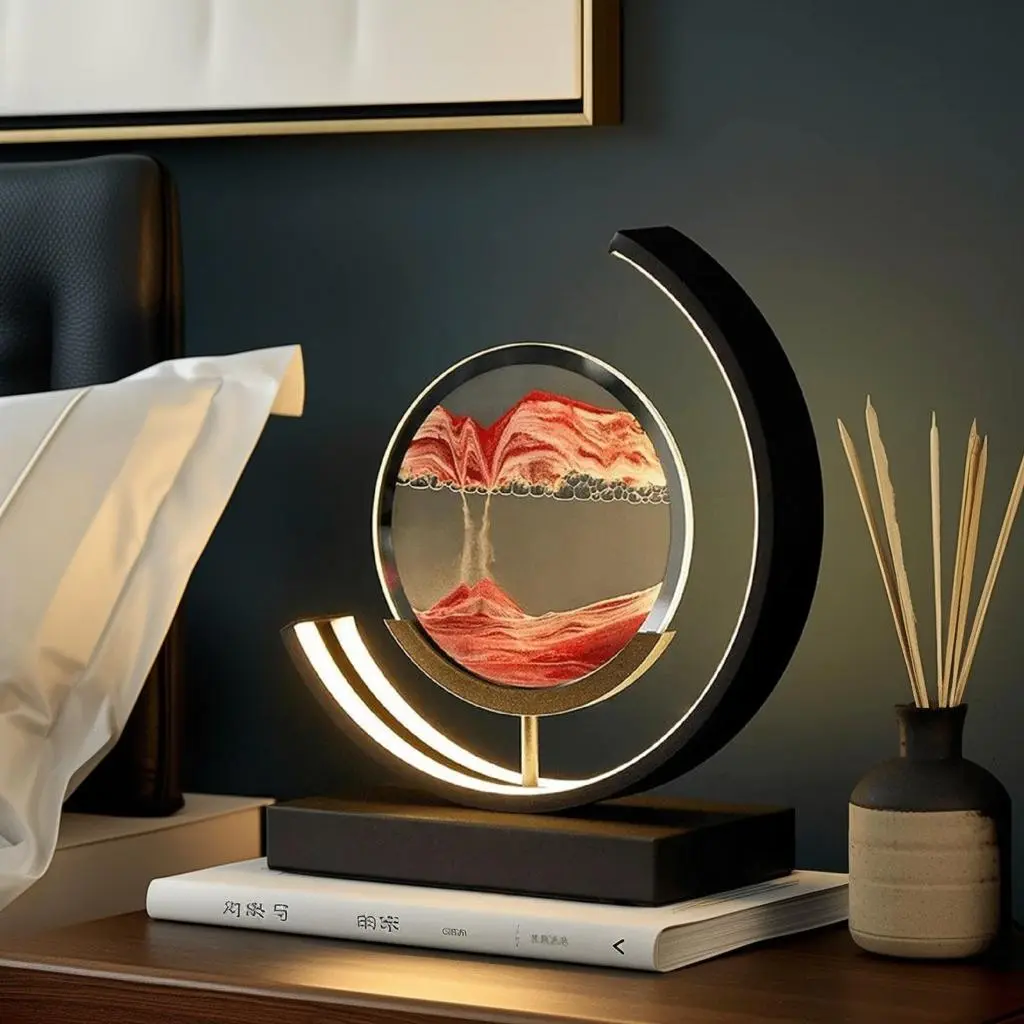 Rotating LED Hourglass Table Lamp - 3D Glass Deep Sea Smooth Quicksand Sandscape, Eye-Care Mood Sensory Desktop Statue, Modern Home Decoration, Room Decorative Sculptures, Christmas Stress Relief Gift