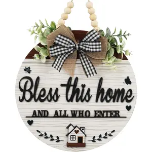 3D Bless This Home And All Who Enter Wooden front Door Signs,Door Decorations,Christian Home Porch Wall,Wreaths,Door Wreaths for Front Door Outside All Season