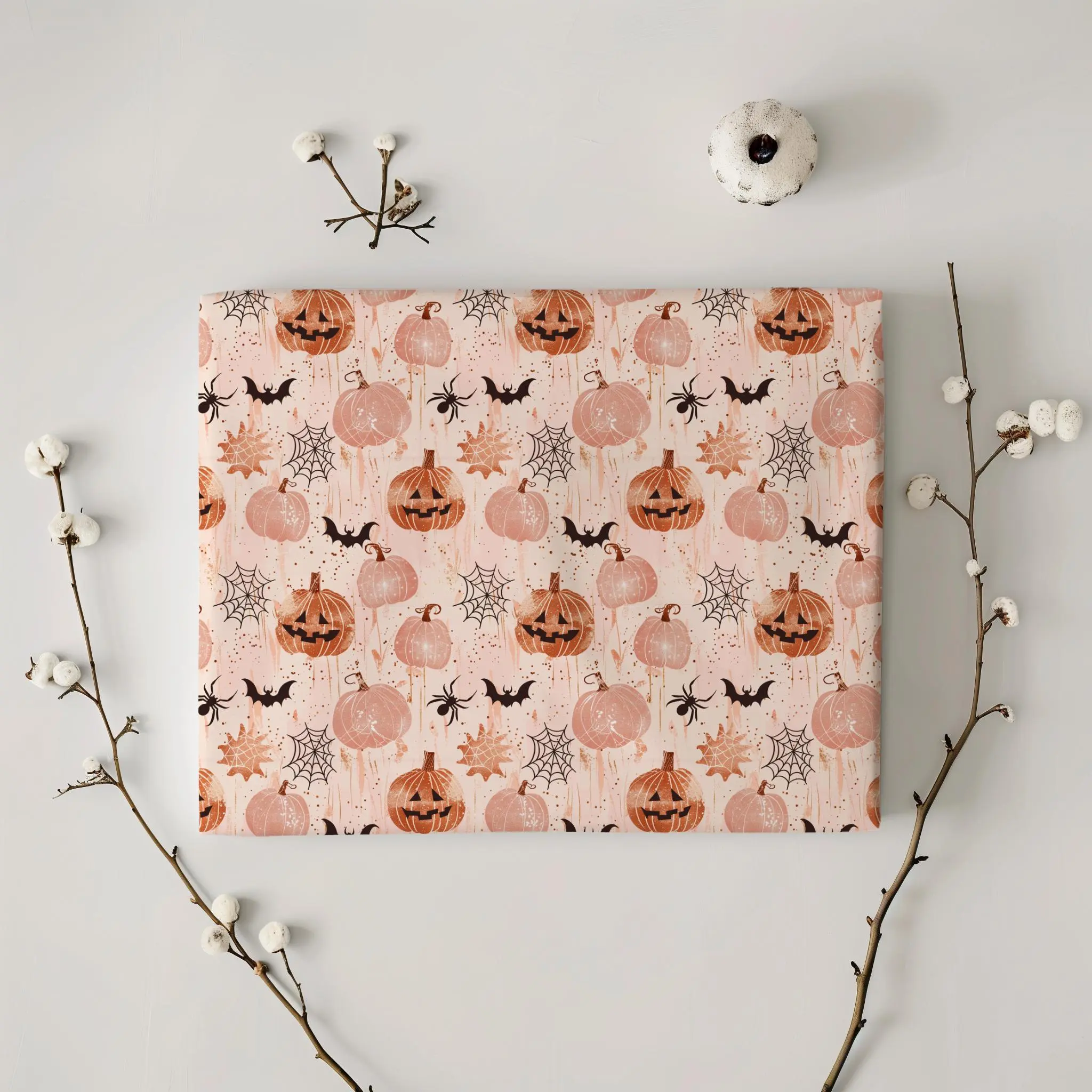 Pumpkin, Bat & Spiderweb Pink Halloween Gift Wrapping Paper - Fall Gifting, Cute Birthday Gift Wrap, Gifting Accessory, Autumn