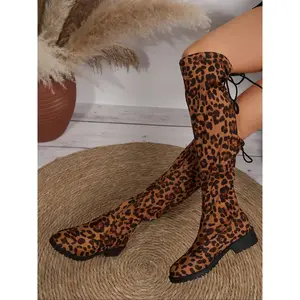 Women's Fashionable  Textile Solid Color Boots, Elegant Round Toe Knee High Laces  Boots for Daily Wear, Female All-match Trendy Shoes for Daily Wear