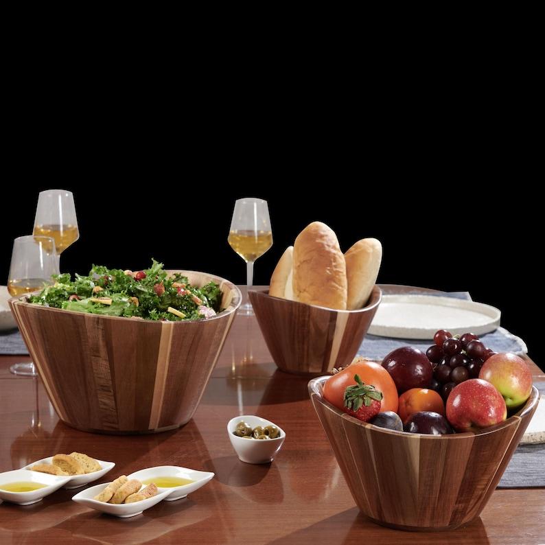Wavy Wooden Salad Bowl Set (3 pc) 12″-10″-8″ | Hand-Carved Acacia Serving & Mixing Bowls for Salad, Fruit and More | Woodenhouse