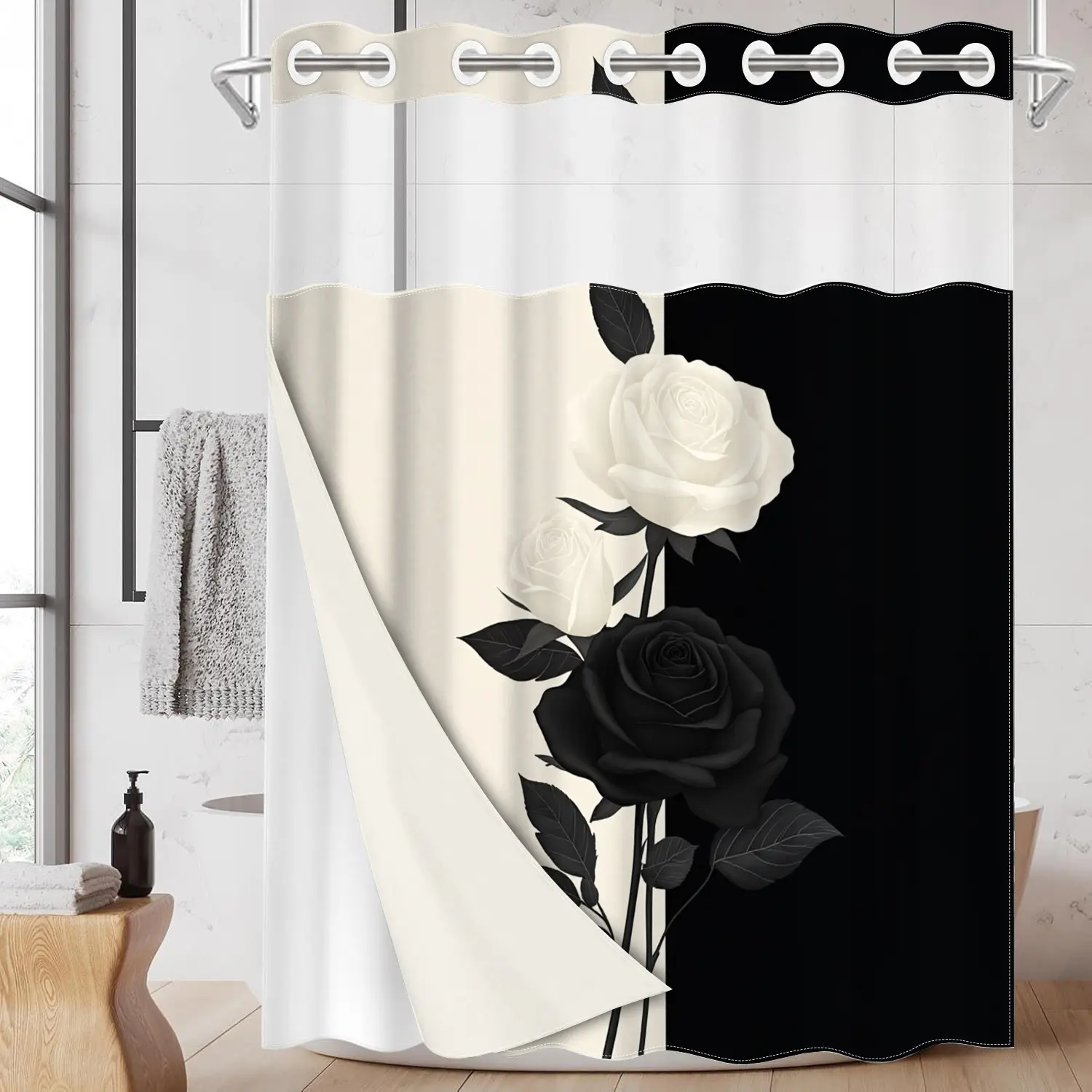 1pc hookless bathroom shower curtain with buckle lining, black and white rose and leaf design 2D printing, fabric waterproof lining, see-through double-layer shower curtain, 71 x 74 inches, home curtain decoration, Bathroom curtains shower