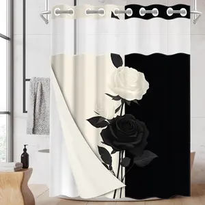 1pc hookless shower curtain with buckle lining, black and white rose flower and leaf design 2D flat printing, fabric waterproof lining, see-through double-layer shower curtain, 71 x 74 inches, modern home curtain decoration.