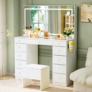 【2 package shipping】Pamapic Glass Top Vanity Desk with Crystal Handles, 11 Drawers Makeup Vanity with Mirror and Stool, 3 Lighting Modes Dressing Table, Power Outlet, Silent Slides, White