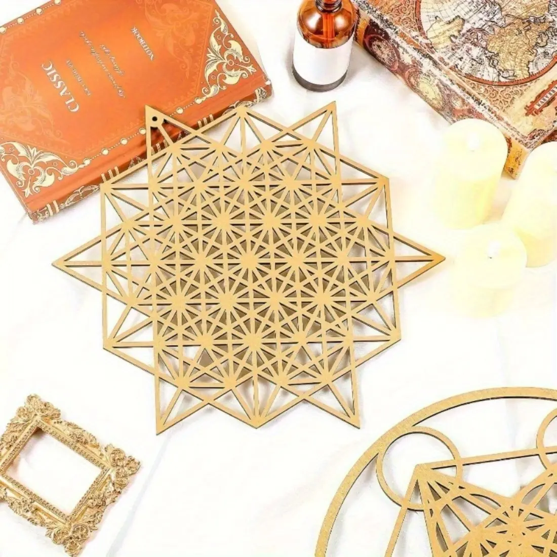 Spiritual Sacred Geometry Art - Mesmerizing Flower of Life, Handcrafted Sri Yantra & 64-Star Tetrahedron Hanging