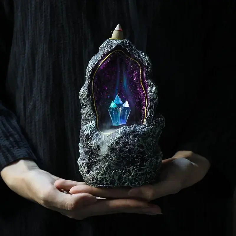 Creative Fantasy Crystal Cave Design Incense Burner, Backflow Incense Burner with 20pcs Incense Cones, Home Decor Ornament for Living Room Bedroom, Freshener