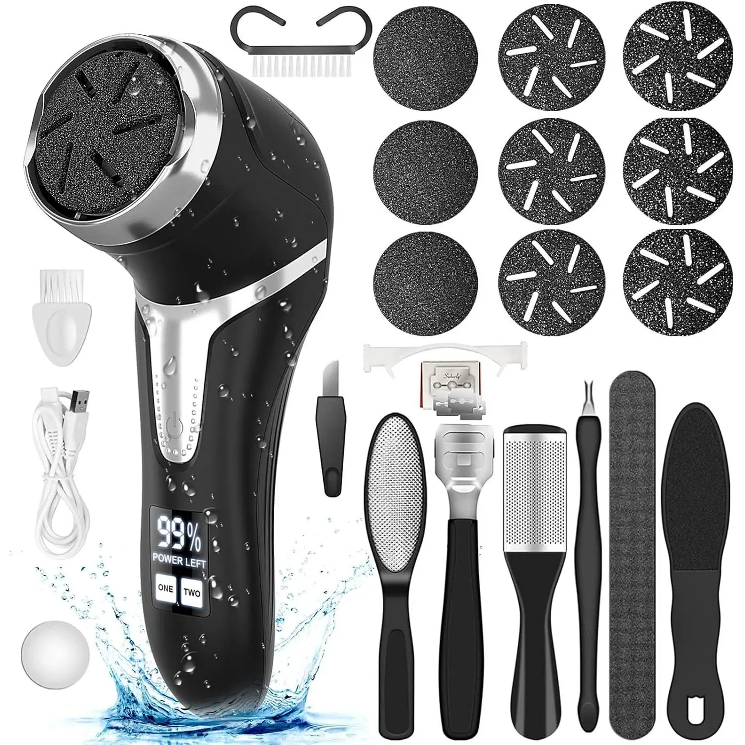 Portable Rechargeable Waterproof Electric Callus Remover for Feet, Dead Skin Remover Pedicure Kit with Dander Vacuum 9 Heads & LCD Display for Foot Care
