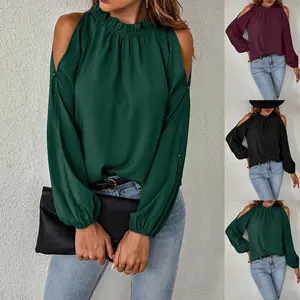 2026 Women Dressy Blouse for Business Casual Office Work Daily Commute| Cold Shoulder Ruffled Neck Long Sleeve Loose Fit Elegant Work Top
