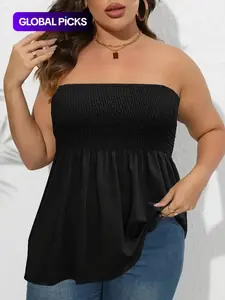 Plus Size Solid Ruffle Hem Shirred Tube Top, Boho Fashion Chic Elegant Style Tops, Lady Strapless Top, Womenswear, Casual Sleeveless Strapless Black Top