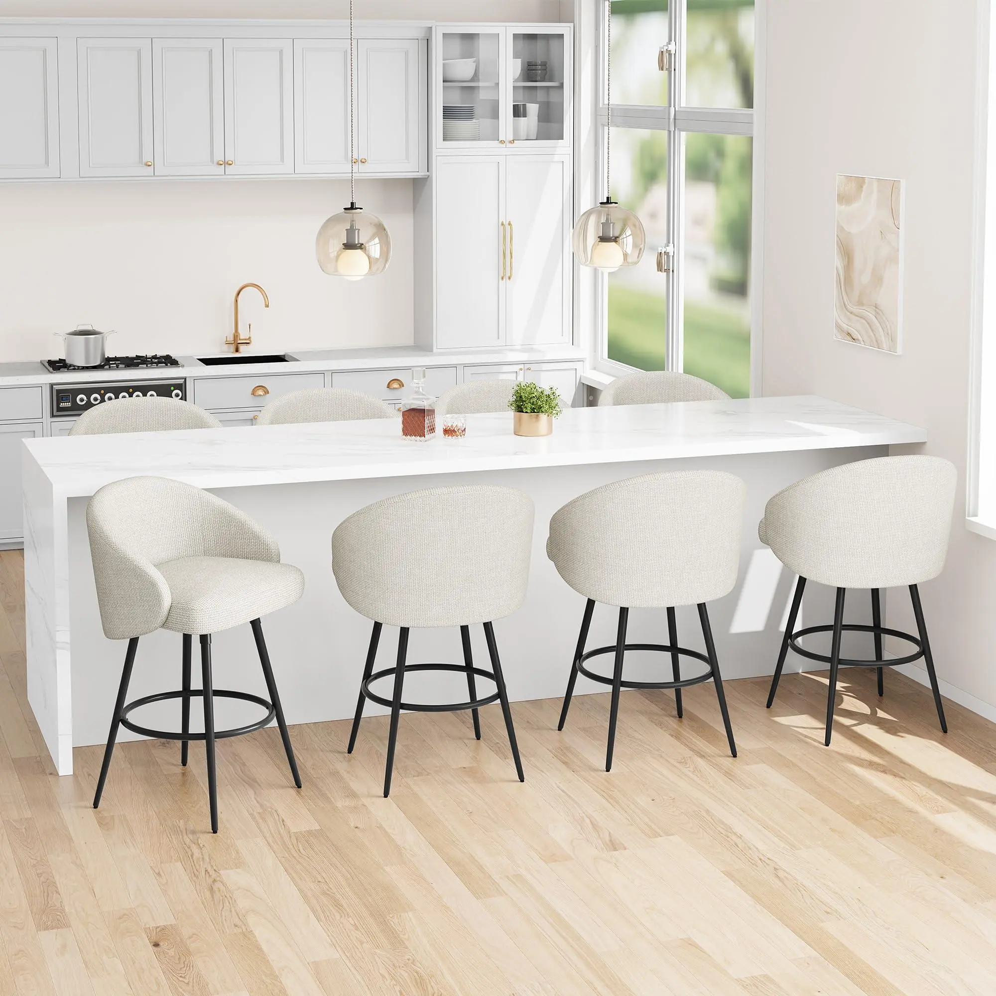 25.4″ 360° Swivel Bar Stools Set of 8 for Kitchen Island,Beige Linen | Upholstered Counter Height Barstools with Back, Modern Bar Chair with Sturdy Metal Frame and Footrest for Dining Room