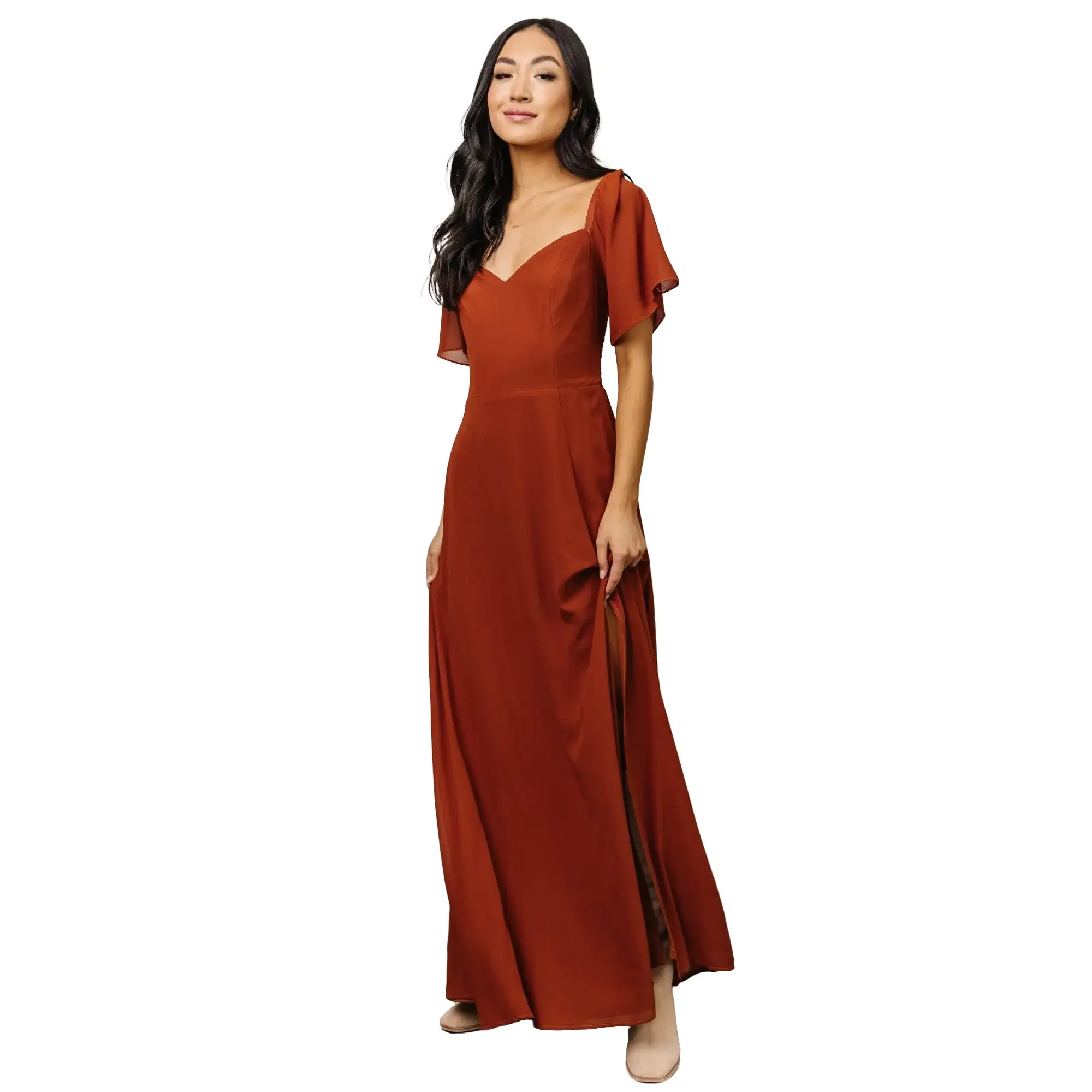 Women's Sierra Sweetheart Short-Sleeve Maxi Dress - Spice Color, Polyester-Chiffon Fabric, Lightweight, Smocked Elastic Fit, Slit Design, Casual Womenswear, Shortsleeve