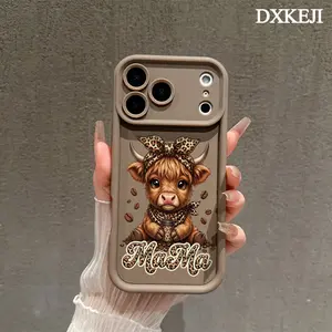 Cute Highland Cow Leopard Print MAMA Pattern Phone Case, Soft Silicone, Fully Protected and Shockproof For iPhone 17 16 15 Pro Max 14 13 12 11 Plus Air Cover