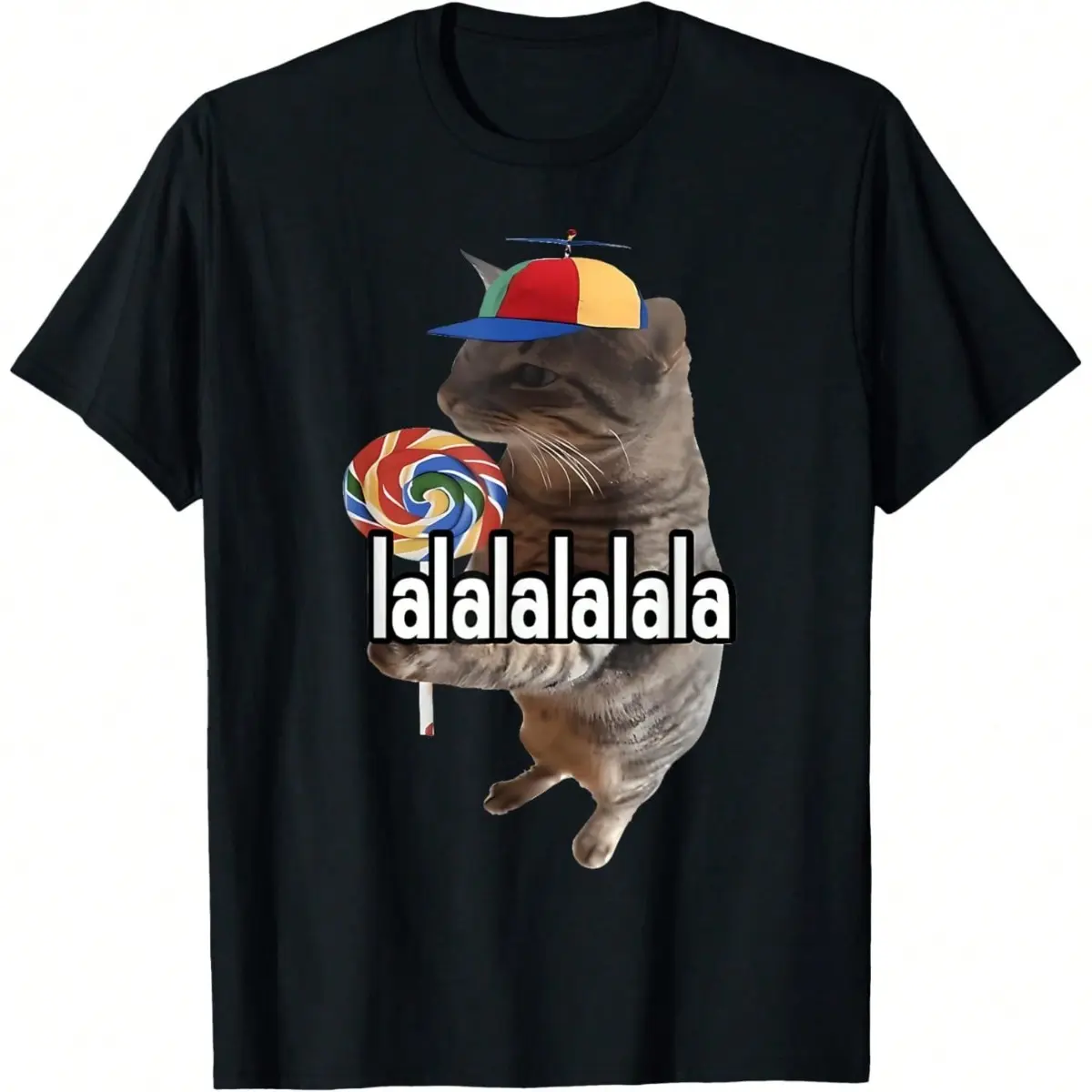 Unisex Cotton Short-Sleeve Round Neck Streetwear T-Shirt - Silly Cat With Lollipop Meme Design, Stitched Hem, Men's Casual Top Set