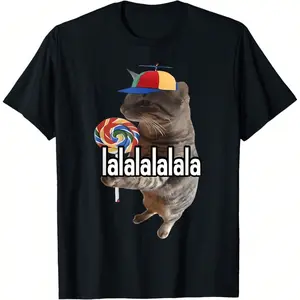 Unisex Cotton Short-Sleeve Round Neck Streetwear T-Shirt - Silly Cat With Lollipop Meme Design, Stitched Hem, Men's Casual Top Set