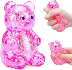 Squishy Pink Sugar Bear Stress Ball, Slow Rising Glitter Squishy Fidget Toy, Cute Gummy Bear Sensory Toy for Kids & Adults, Stress Relief Squeeze Toy, Anxiety Relief Desk Toy, Party Favor & Gift