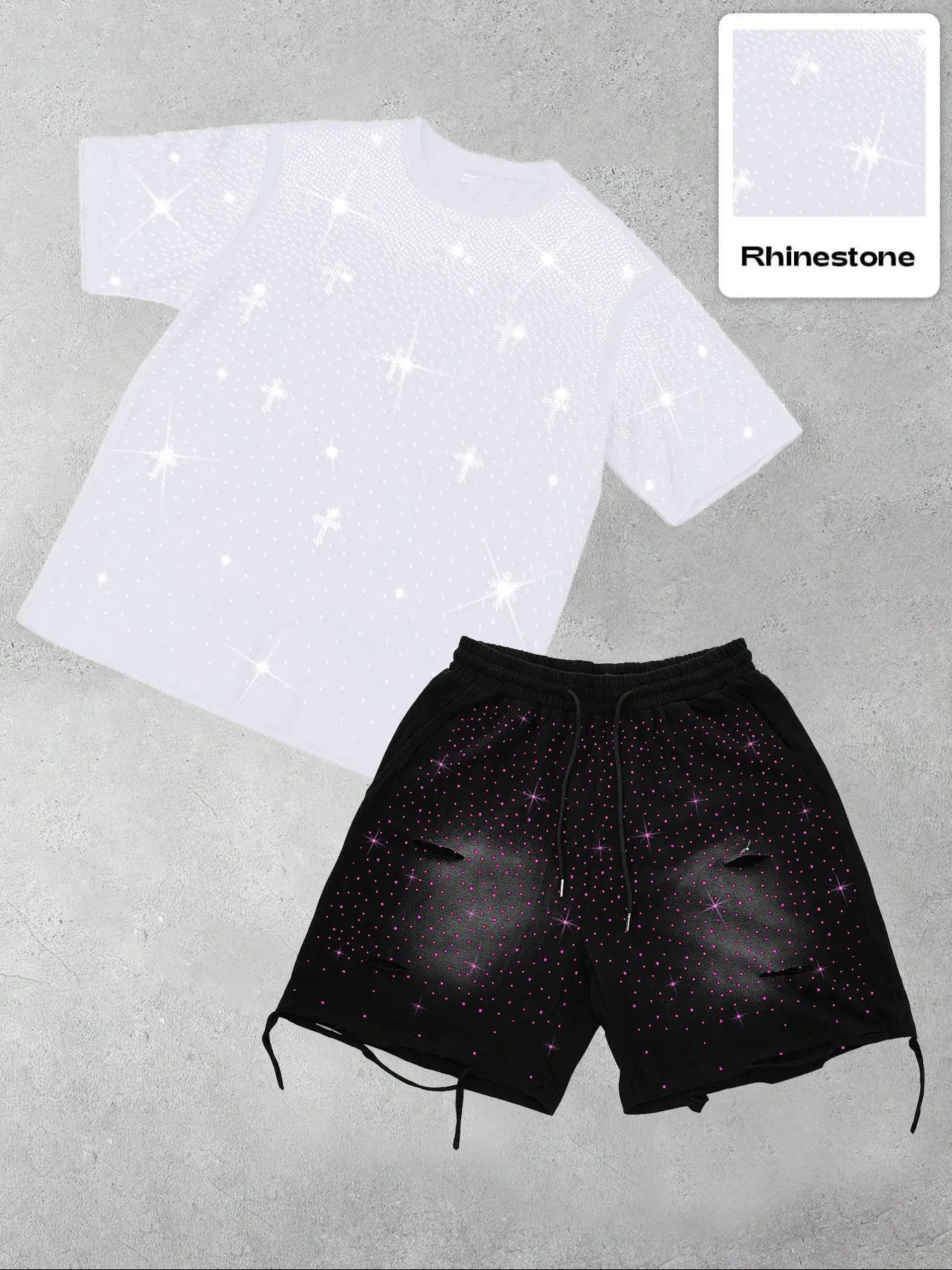 Men's Trendy Full Drill Craft Snowflake Spray Cut Sport Shorts Set, Casual Fitted Letter Pattern, Plain Style, No Ca Prop 65, Outfit