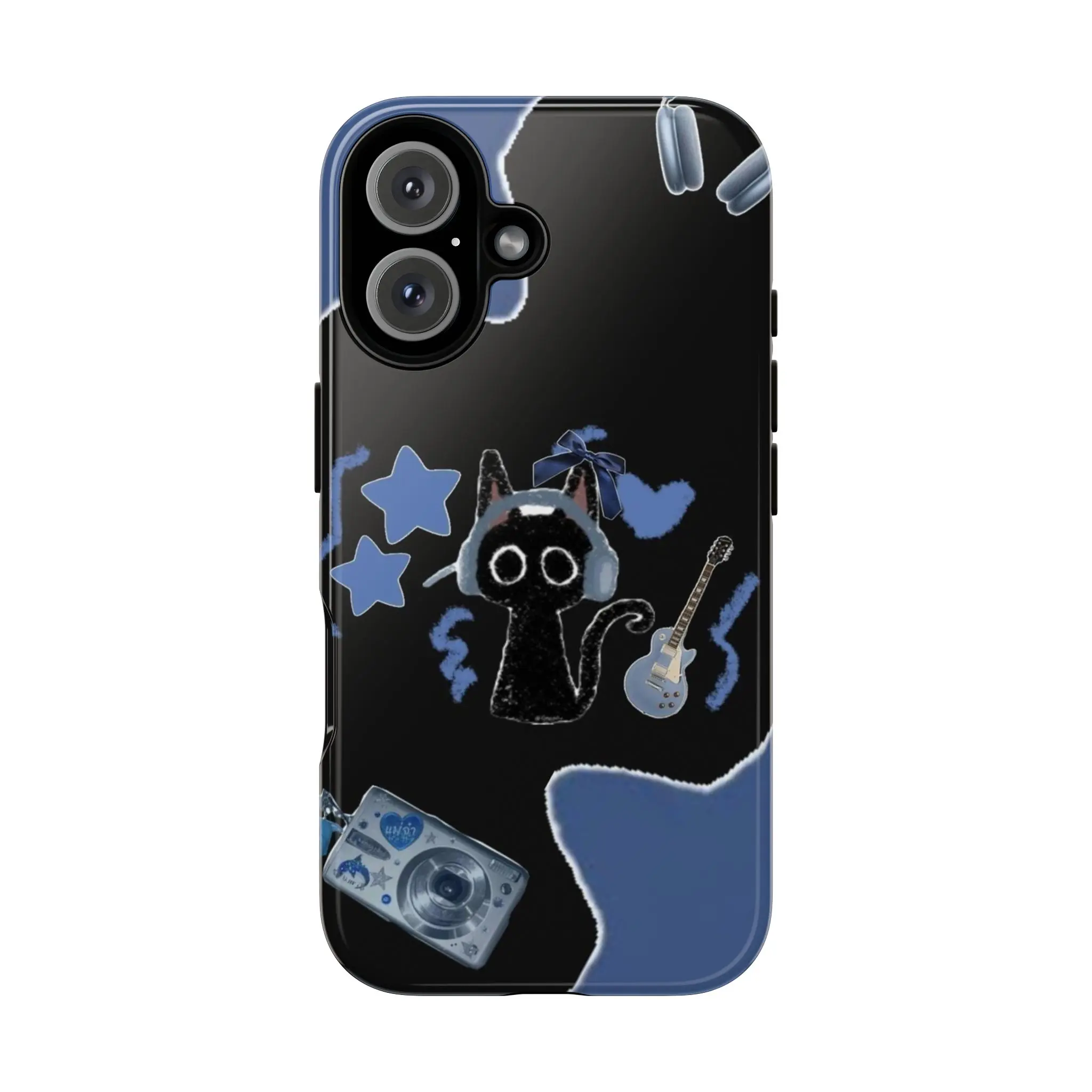 UV-Printed Kawaii Aesthetic Black Cat Music Theme Shockproof Case - Slim Fit TPU Protection Accessory, Matte/Glossy, with Headphones, Guitar, Stars, Cute Accessories, Fits iPhone 11+ & 17, Gift for Her