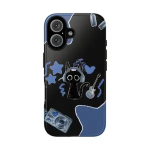 Cute Black Cat Tough Phone Case Kawaii Music Theme with Headphones Guitar & Stars on Black Background Gift for Her Him Protective UV Printed Lightweight Slim Shock Resistant TPU Lining