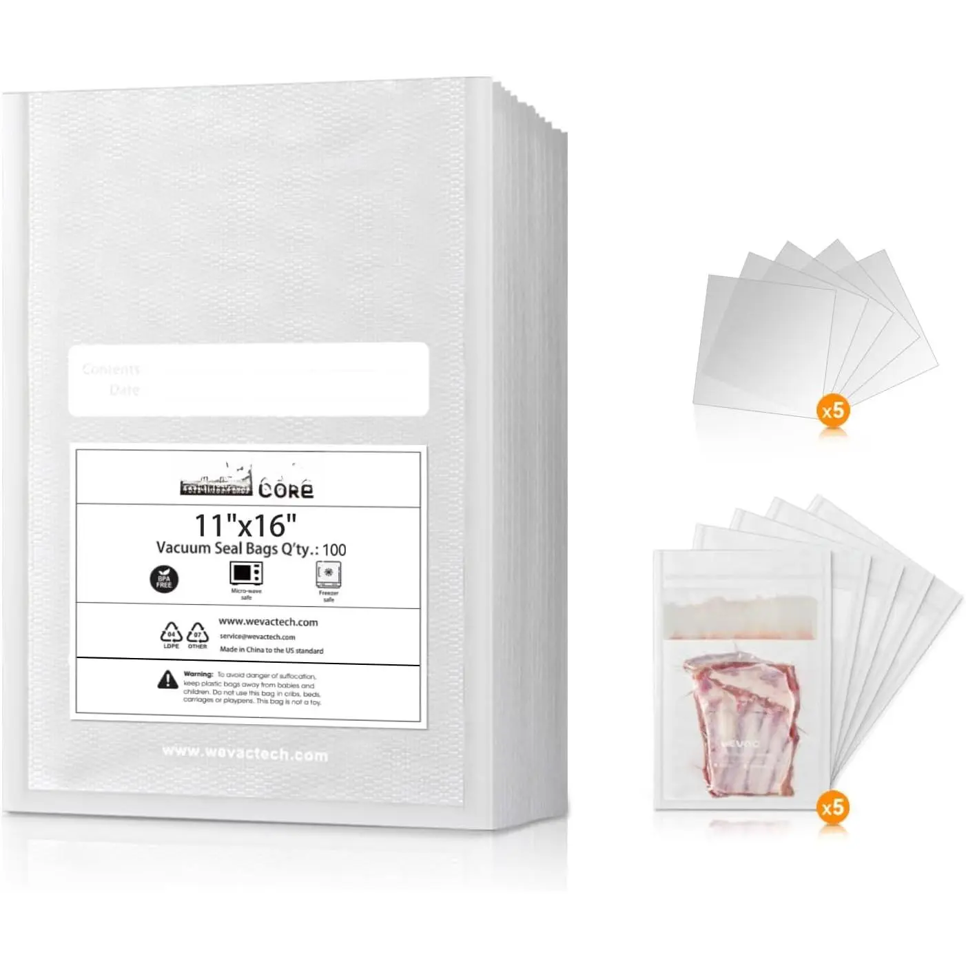 11" x 16" Precut Vacuum Sealer Bags, 100 Count, Includes 5 Liquid Block Bags & 5  Guard Pieces, Heavy Duty for  Storage, Sous Vide & Meal Prep