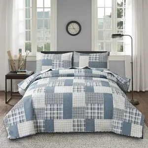 Queen Size Plaid Quilts Blue White Stripes Bedspread Coverlets Reversible Lightweight Patchwork Bedding Set for Boys Bedroom Decor Blanket Throw with 2 Pillow Shams