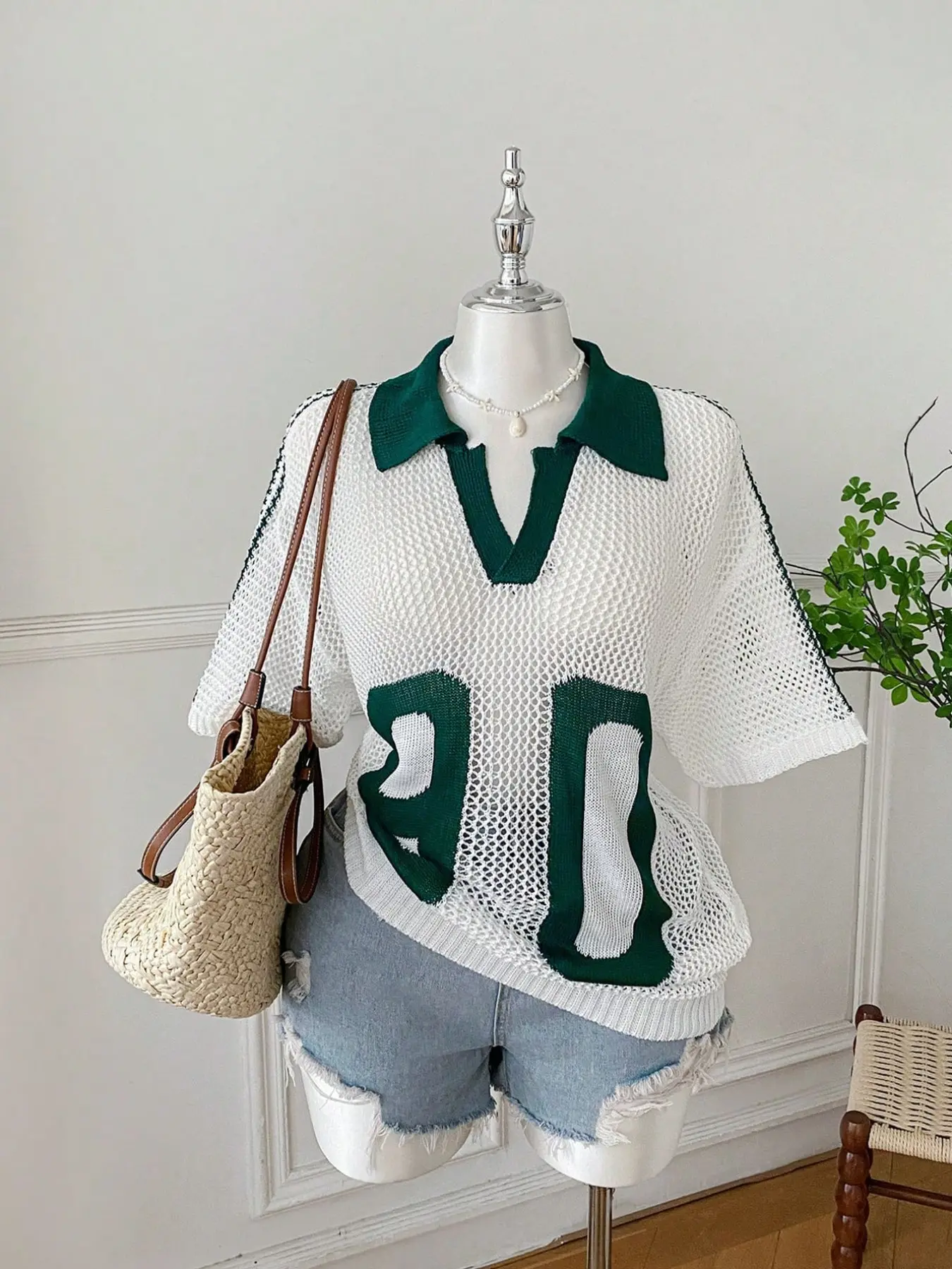 Women's Plus Size Loose Casual Hollow Out Knit Short Sleeve Top, Aesthetic Casual Pullover, Colorblock Sporty Style, European Summer Streetwear, Holiday Fashion, Breathable Knit Clothing