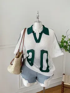 Women's Plus Size Casual Hollow Out Knit Short Sleeve Top, Colorblock Sporty Style, European Summer Streetwear, Holiday Fashion