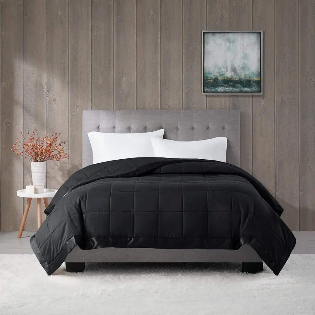 Madison Park Windom King Size Lightweight Down Alternative Throw Blanket, 108x90x0.25in, Satin Trim, Black, Machine Washable, Soft Comfy Cozy, Lightweight Throw Blanket, Machine Washable Blanket