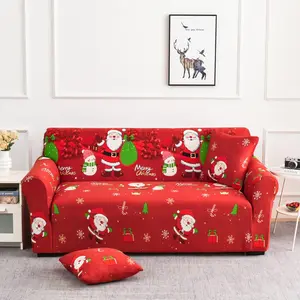 Christmas Joy Stretch Sofa Cover with Matching Pillowcase, Sofa Couch Covers, Holiday Reindeer and Santa Design, Ideal for Living Room and Bedroom Decor