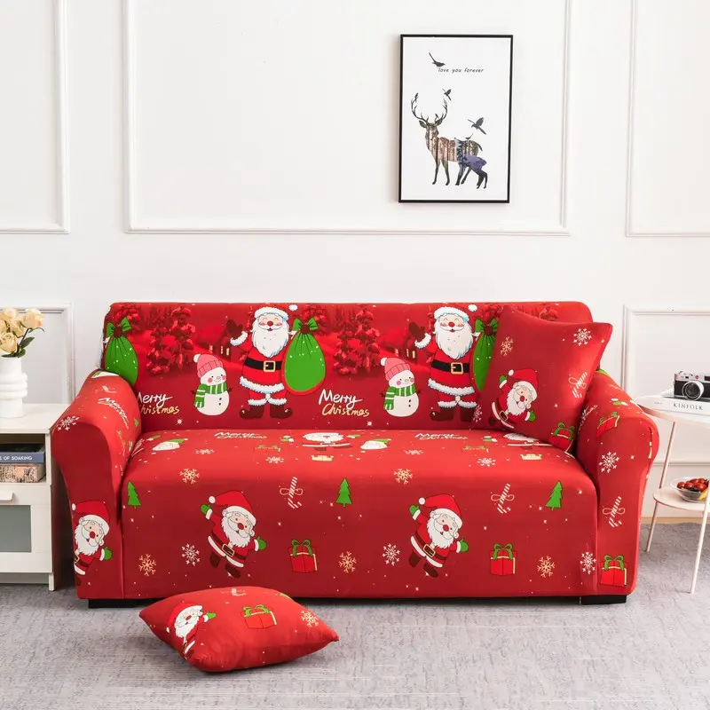 Christmas Joy Stretch Sofa Cover with Matching Pillowcase, Sofa Couch Covers, Holiday Reindeer and Santa Design, Ideal for Living Room and Bedroom Decor