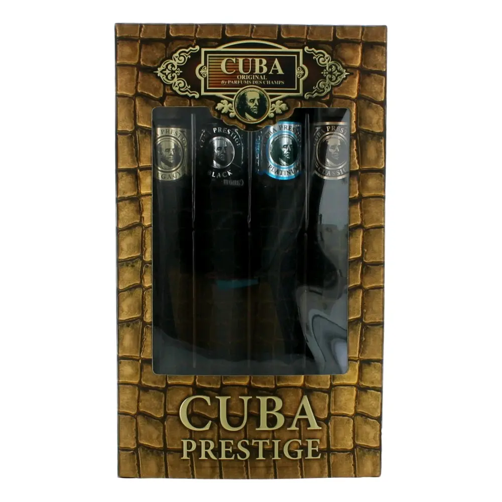 Cuba Prestige by Cuba for Men 4 Pc Gift Set 1.17oz Classic EDT Spray, 1.17oz Black EDT Spray, 1.17oz Platinum EDT Spray, 1.17oz Legacy EDT Spray