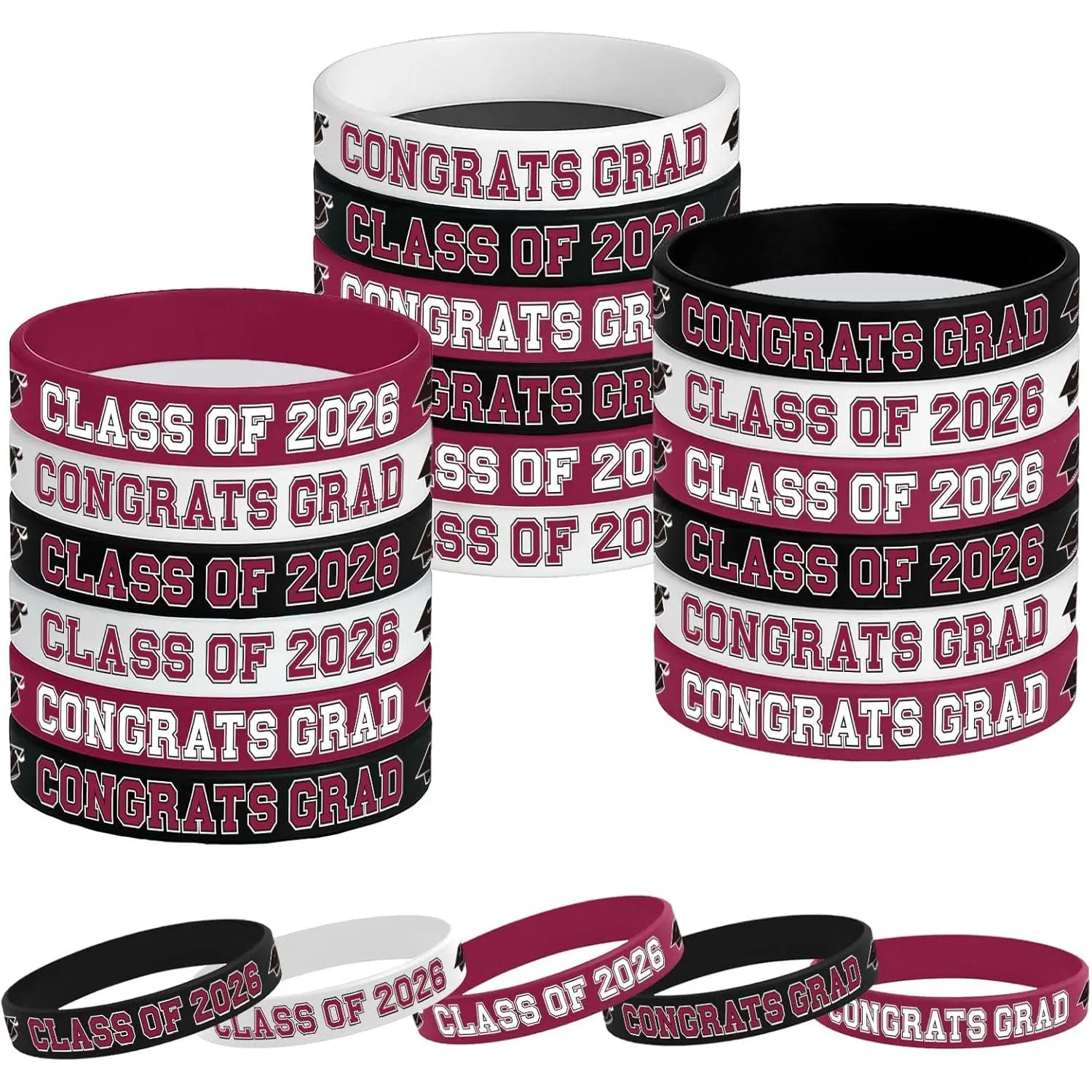 Silicone Wristbands, 30 Pack Graduation Party Favors with 2 Designs - Congrats Grad & Class of 2026, Keepsake Gifts for Graduates, Graduation Party Supplies