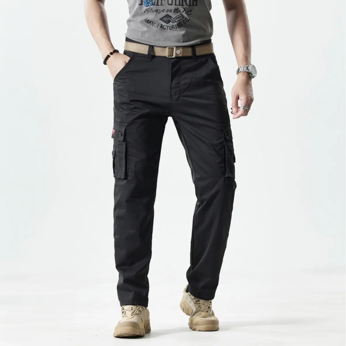 Men's Fitted Plain Solid-Color Straight-Leg Utility Khakis, Multi-Pocket Pants for Casual Everyday Wear, Ideal Father's Day Gift, All-Seasons Menswear Trousers