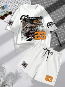 Men's Cool Racing Theme Casual Set (2 Piece), Round Neck Short Sleeve T-Shirt + Drawstring Gym Shorts, Street Style, Comfortable Fit