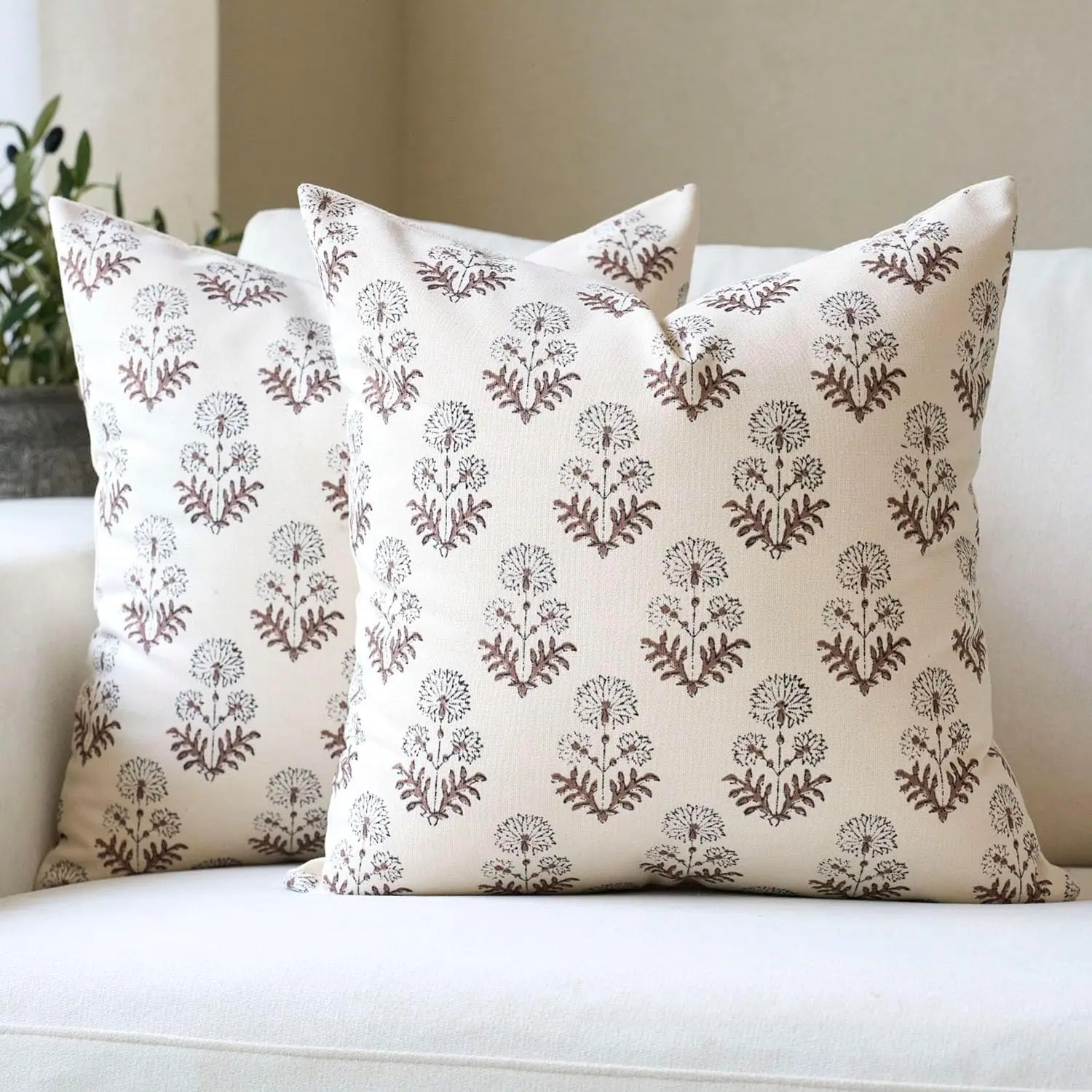 Set of 2 18x18 Inch Neutral Dandelion Block Print Throw Pillow Covers Boho Farmhouse Envelope Cushion Covers for Sofa Decor
