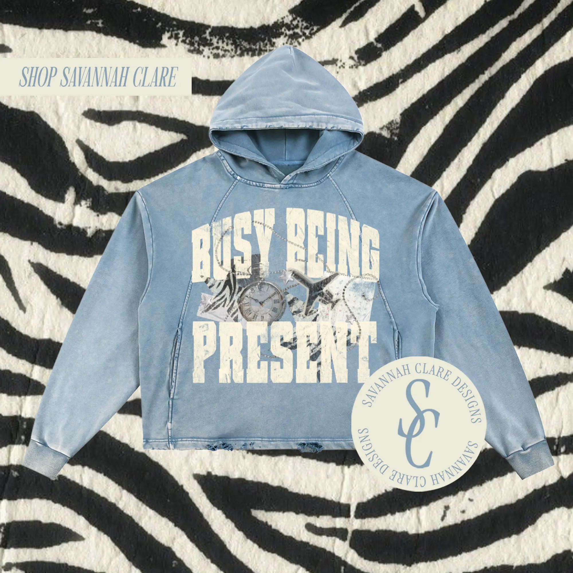 "BUSY BEING PRESENT" Vintage Wash Distressed Boxy Hoodie "BUSY BEING PRESENT" Vintage Wash Distressed Boxy Hoodie