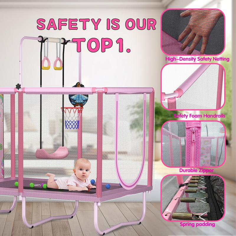 Skybound Rectangle Trampoline for Kids with Basketball Hoop, 36*55'' Indoor Outdoor Toddler Trampoline with Enclosure Net, Swing,  Ring, Ocean Balls, Small Trampoline Gift for Boys Girls, Best Gift for Kids