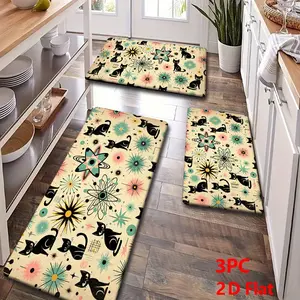 2/3 Piece Flannel Kitchen Mat Set, Vintage Space Cat Silhouette Design, Non-Slip, Absorbent, Home Decor