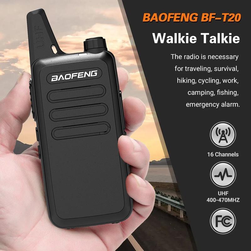 2PCS BAOFENG T20 Long Range Mini Walkie Talkie Type-C Charging Rechargeable Lightweight 16CH UHF 400-470MHz Upgrade 888s with Earphone Handheld Two Way Radio for Adults Outdoor Sports Hunting Hiking Office Birthday Gift Rechargeable Walkie Talkies