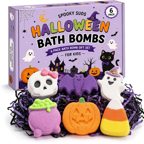 Hallowen Fall Gift Halloween Bath Bombs 6 Pack, Boo Basket Stuffers for Women & Kids, Spooky Halloween Party Favors, Cute Bath Bombs for Boys & Girls, Relaxing Halloween Gifts for Women