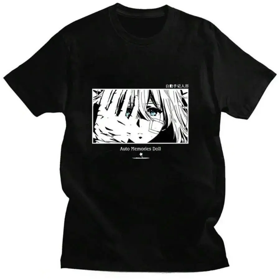 Men's Vintage Washed Distressed Cotton Crew Neck Short-Sleeve Graphic T-Shirt - Retro Violet Evergarden Manga Panel, Oversized Streetwear Top for Anime Lovers, Casual Menswear Tshirt, Shortsleeve